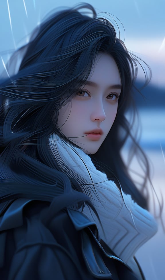 HD, 16k, masterpiece, high_resolution, realistic, 1girl, white_skins, long_black_hair (wave_hair), light_brown_eyes, wet_lips, winter clothes, close_up, beautiful dramatic dark night view of beach on background, more_sharpness, more_contrast, Ultra High Definition, close up photography, focus on her beautiful face..