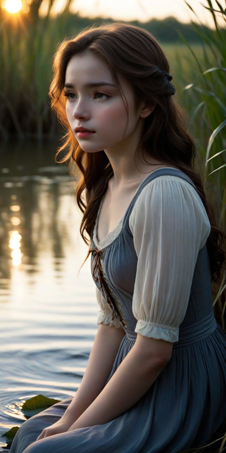 A young woman, 18 and solo by the riverbank's soft twilight glow, sits forlornly awaiting her distant lover. Her porcelain complexion sullied by tears, her gaze drifts into the murky water as if seeking solace in its quiet depths. The setting sun casts a warm, melancholic hue upon her heartbroken face, emphasizing the sorrow etched across her features.