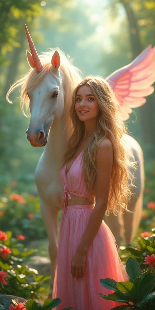 A serene jungle landscape, with lush greenery and vibrant flowers, sets the stage for a stunning scene. A ravishing anime-inspired girl, adorned with long, flowing hair that waves in the gentle breeze, stands confidently beside a majestic unicorn. The unicorn's delicate features are illuminated by perfect sunlight, which casts a warm glow on its colorful, spread wings. The subject's perfect face, featuring bright, captivating eyes and glossy lips, beams with a radiant smile. The atmosphere is heightened by more contrast between the jungle's greens and the girl's vibrant attire, resulting in a visually striking image.