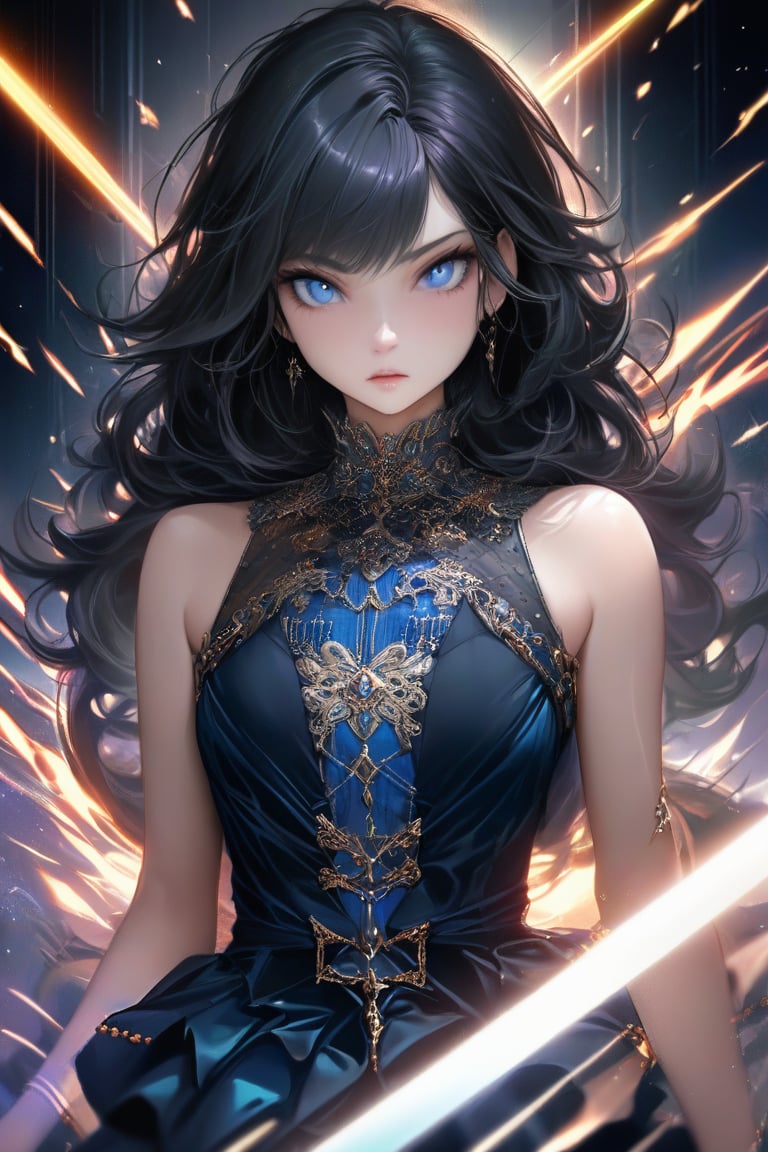 8k, semi_realistic, masterpiece, 1girl, 18 y.o, long black hair, light_blue_eyes, perfect body, looking to viewers, She is very badass, she wears a very luxurious outfit. detailed image, detailed skin, upper_body 1:3, ((masterpiece: 1.2)), lasers and light particles in background, perfect lighting, more sharpness, balance brightness, Ultra High Definition