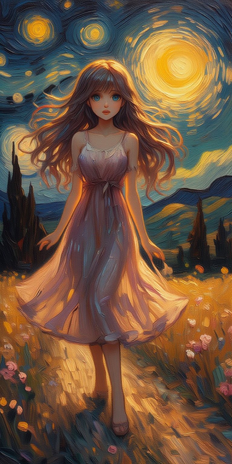 A majestic oil painting on canvas captures the ethereal essence of a ravishing woman, her piercing blue eyes and luscious lips glistening in the silvery moonlight. Her flowing locks wave gently as she stands serenely beneath the celestial glow, her translucent dress shimmering like stardust against the dark, mysterious night. The dramatic backdrop features majestic mountains and rolling hills, bathed in a warm, golden light that heightens the sense of wonder.