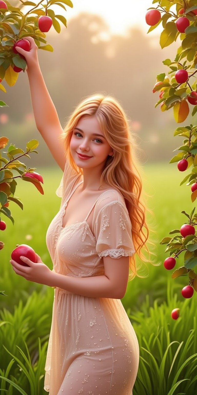 A serene morning sunlight filters through the orchard's lush green leaves, casting a warm glow on the vibrant teenager as she effortlessly plucks juicy apples from the branches. Her transparent dress glimmers with dew-kissed beads, accentuating her radiant smile and sun-kissed hair. The garden's rustic charm and vibrant colors surround her, creating a sense of idyllic bliss.