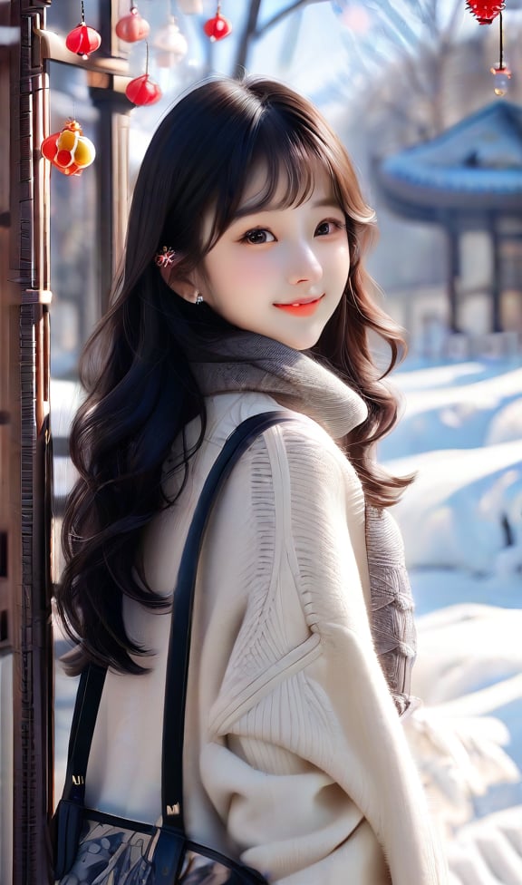 Photorealiatic, Masterpiece, HD, 8k, high_resolution, best_quality, 1girl, 18y.o, Beautiful and delicate light, (beautiful and delicate eyes), pale skin, big smile, (brown eyes), (black long hair), dreamy, medium chest, woman 1, (front shot), Korean girl, bangs, soft expression, height 170, elegance, bright smile, 8k art photo, realistic concept art, realistic, portrait, necklace, small earrings, handbag, fantasy, jewelry, shyness, skirt, winter parka, scarf, snowy street, footprints, perfect ligjting, more_realistic, Ultra High Definition,Geuliss