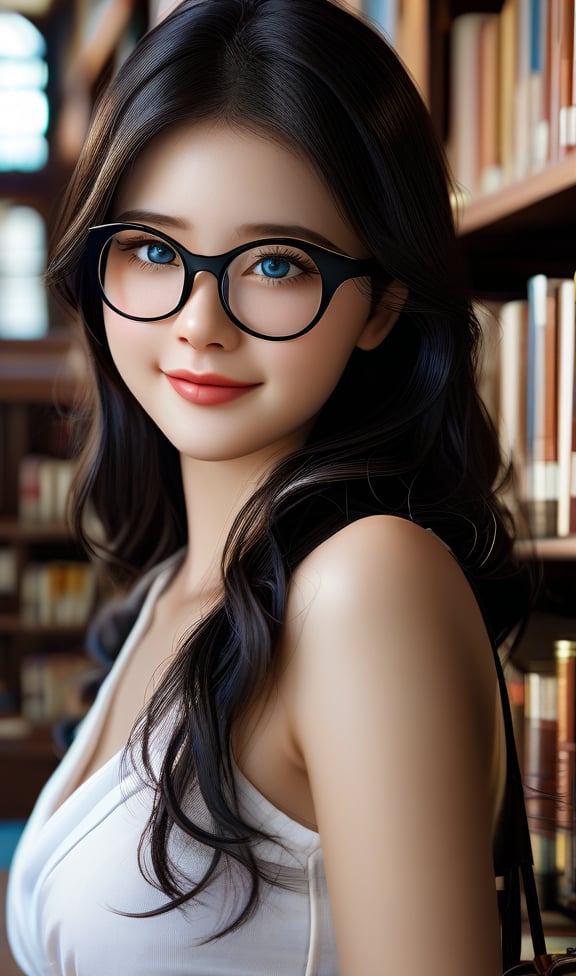 Photorealiatic, Masterpiece, HD, 8k, high_resolution, best_quality, 1girl, 18y.o, white_skins, long_black_hair (semi_curly_hair), glasses, light_blue_eyes, wet_lips, lovely_smile, medium_breasts, bare_shoulders, shot of a library girl, sexy, glowing skin, books and classical vintage wooden_rack, comfortable design library, perfect ligjting, more_realistic, Ultra High Definition