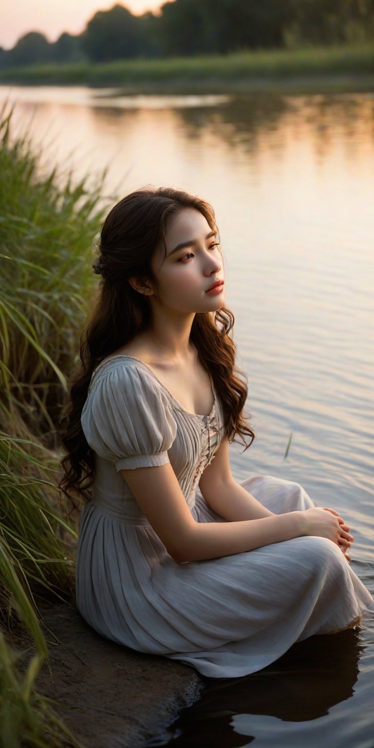 A young woman, 18 and solo by the riverbank's soft twilight glow, sits forlornly awaiting her distant lover. Her porcelain complexion sullied by tears, her gaze drifts into the murky water as if seeking solace in its quiet depths. The setting sun casts a warm, melancholic hue upon her heartbroken face, emphasizing the sorrow etched across her features.