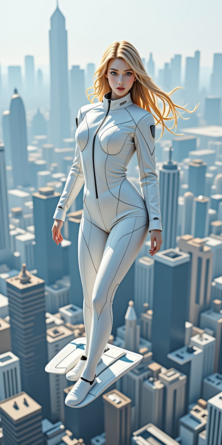 (Masterpiece, photorealistic, HD, high_resolutions, hyper_realistic, highly_detailed, 16k, perfect_lighting, more sharpness, more contrast, more brightness, more detailed). In a futuristic scene : a beautiful girl, 16yo, white skins, blue eyes, glossy lips, blonde hair, wearing a hi-tech suit, riding a futuristic flying board, she is flying on the air, past across the buildings and skyscrapers in a modern and futuristic city.