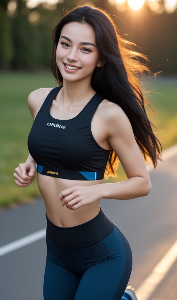 16K, UHD, high_resolution, high quality, masterpiece, 1girl, 18 y.o, long black hair, light_brown_eyes, lovely_smile, wearing running_shirt and dark_blue legging, running to the viewer, morning sun and the blurry dramatic background, upper_body 1:3, more_detailed, more sharpness, more_contrast, Ultra High Definition