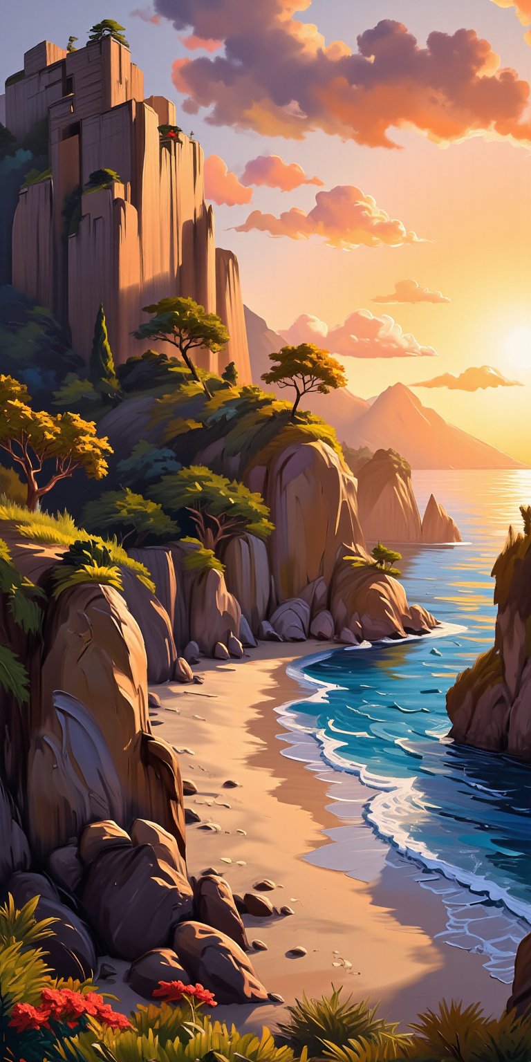 cliffbuilding, (sea bay), beach, palm tree, sunset, orange sky, cloud, (masterpiece),(ultra-detailed), 8k, (highly detailed CG illustration),(expressionless), (best quality:1.1), High quality texture, intricate details, detailed texture, High quality shadow, Cinematic Light, Depth of field, light source contrast, perspective,20s