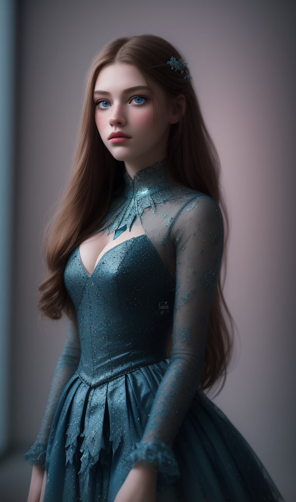 Photorealistic, HD, high_resolution, masterpiece, 8k, highly detailed, a girl, 18 y.o, long hair, light_blue_eyes, sexy_lips, wearing avant-garde artistic dress, in a modern art gallery, glowing abstract sculptures, magical, fantasy, dreamy. shallow depth of field, vignette, highly detailed, high budget, bokeh, cinemascope, moody, epic, gorgeous, film grain, grainy, cinematic film, alive.