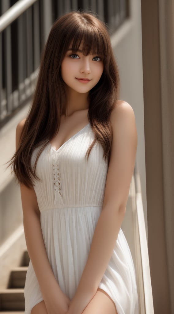 (RAW photo, Photorealistic, hyper_realistic, realistic_pictures, HD, high_resolution, 16k, best_quality, score_9, Ultra High Definition), photoshot of a young girl, 18 years old, stands on stairs, outdoors, exuding an angelic beauty and innocence. Her sensual expression is captivating, with large mysterious eyes that seem to glow in the light. Her perfect body is framed by see-through simple dress that showcases a whole her beautiful body. She looks directly at the viewer with a subtle smile, her closed mouth adding to the enigmatic allure. Long hair falls around her face, partially obscured by bangs.