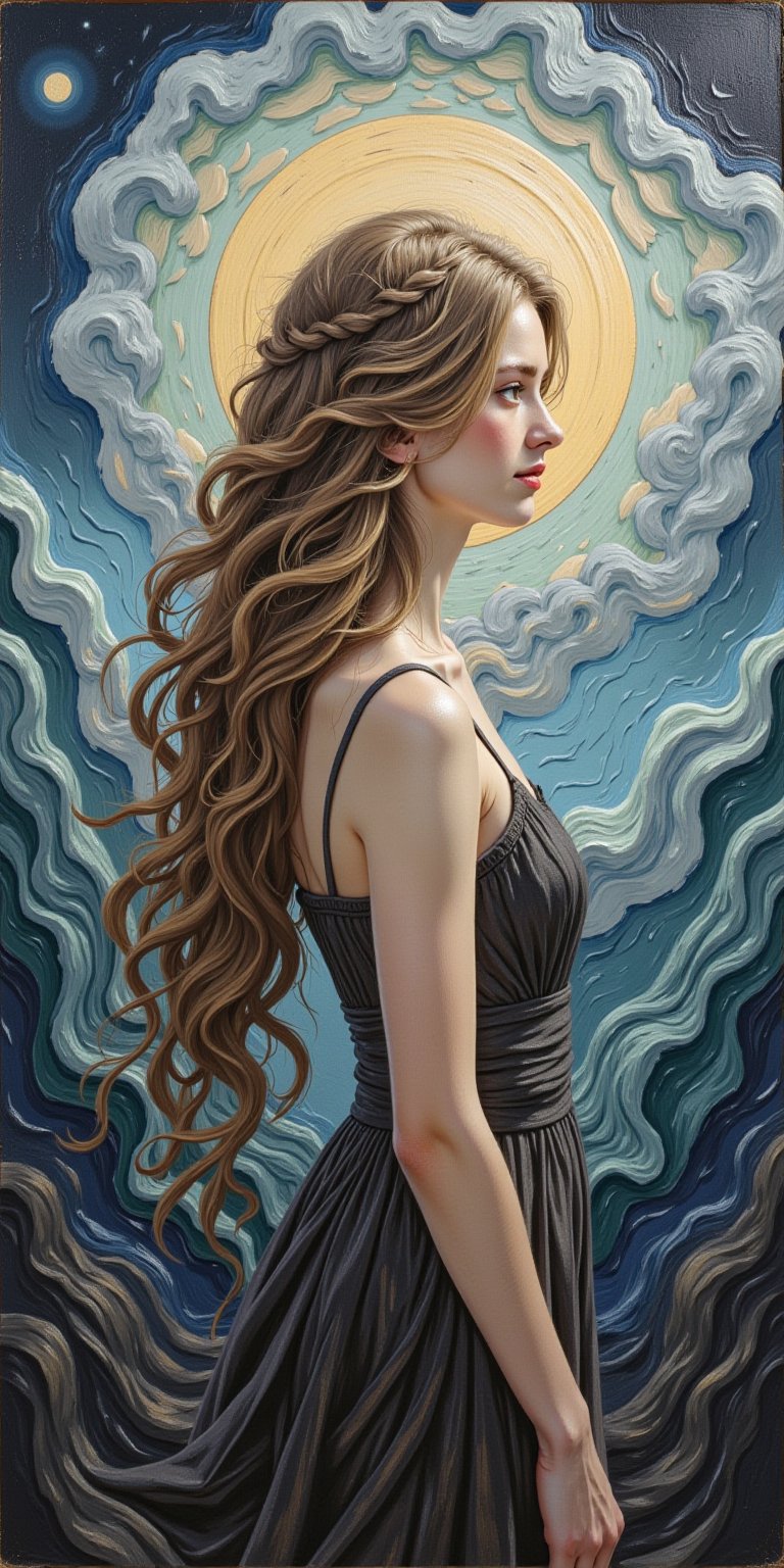 (Painting on canvas, oil painting, abstract painting, full colours, perfect art composition, perfect contrast, perfect brightness). An abstract surrealist masterpiece. A beautiful girl with long wavy hair, stands amidst dreamy clouds, evoking the eerie atmosphere of Zdzislaw Beksinski's works. Style reminiscent of Gabriel Pacheco, Graham Sutherland, and Tracy Adams, abstract Vincent van gogh painting style.