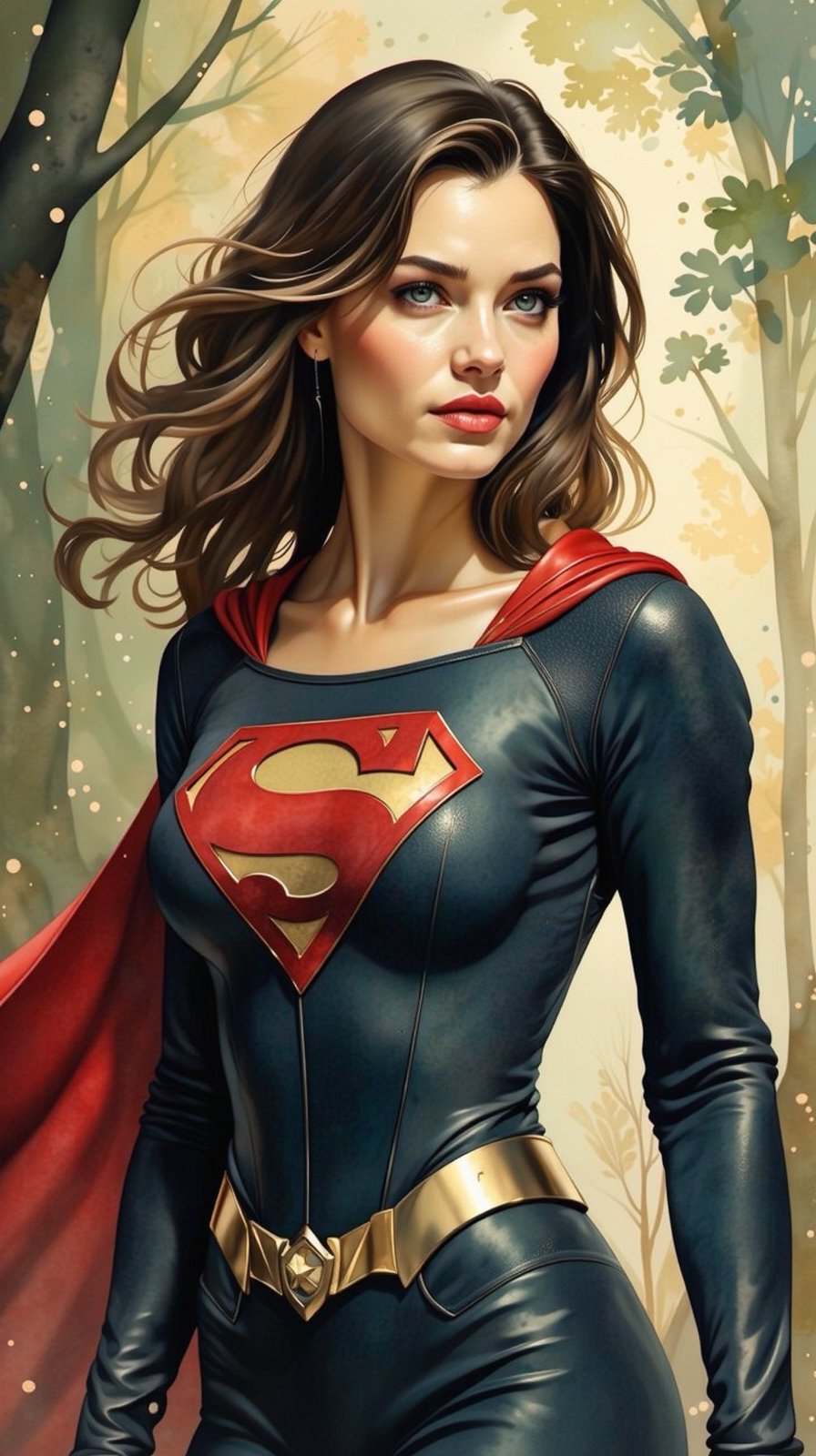 Watercolor-inspired portrait of a Super Girl. The background dissolves into an abstract blend of forest greens and browns, punctuated by occasional splashes of light creating a serene atmosphere. Her figure stands in high contrast against the muted backdrop, drawing focus, upper_body, bust