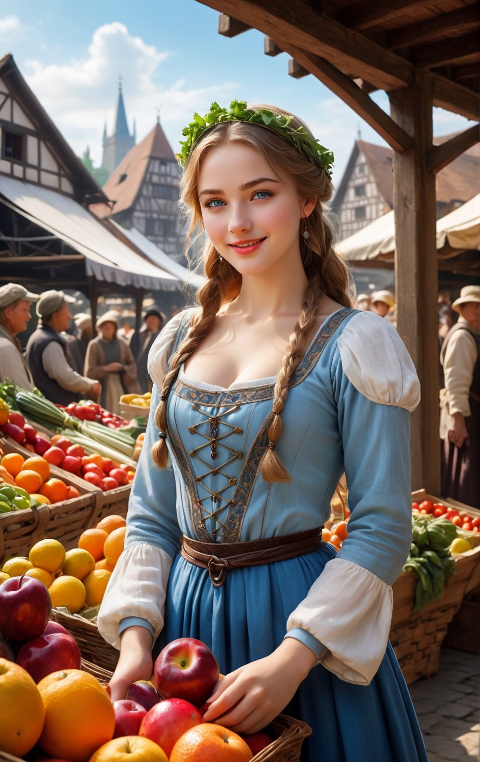 A serene 18-year-old medieval maiden, dressed in traditional attire, stands amidst the vibrant stalls of a bustling farmer's market. Her light blue eyes sparkle beneath the morning sun, and her wet lips curve into a gentle smile. Medium-sized breasts are subtly defined under her flowing garments. The air is filled with an array of colorful fruits and vegetables. In the background, half-timbered construction adorns the buildings, blending seamlessly with the natural surroundings. A masterpiece of medieval mystery unfolds, as if frozen in time. High-detail CrclWc textures bring the scene to life, reminiscent of watercolor art.