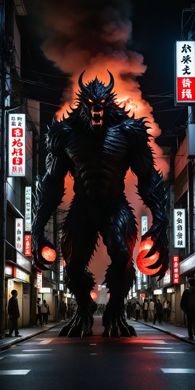 A haunting shot unfolds: Tokyo's neon-lit streets transform into a darkened backdrop as a gargantuan monster erupts from the earth, its imposing figure casting long shadows. The creature's twisted limbs ravage the pavement, sending debris flying as panicked civilians flee in terror. Glowing red orbs pierce through the chaos, spotlighting the horror as screams shatter the urban silence.