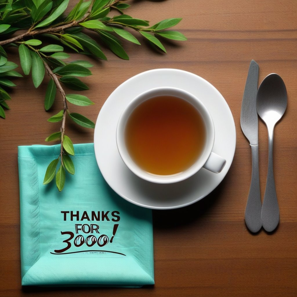 slightly above view, (close up:1.4), night, (tea bush branches:1.3), [glowing leafs:0.8], cyan cup, saucer, napkin, (((Text "Thanks for 3000 likes"(napkin):1.8))), table, Text