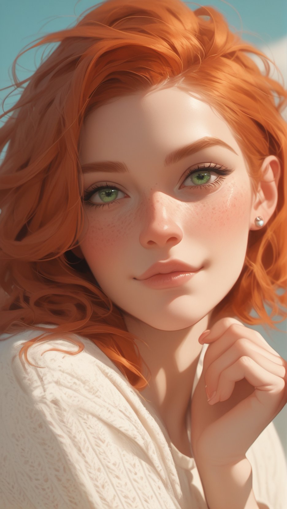 score_9, score_8_up, score_7_up, rating_questionable,Woman, freckles, extremely attractive, adorable, extremely pale skin, orange hair, green eyes, light directed at face, 8k, redhead 