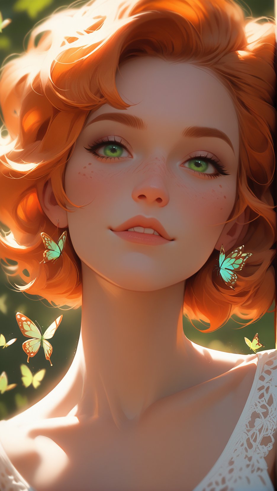 score_9, score_8_up, score_7_up, rating_questionable,Woman, freckles, extremely attractive, adorable, extremely pale skin, orange hair, green eyes, light directed at face, 8k, butterfly lighting style:1