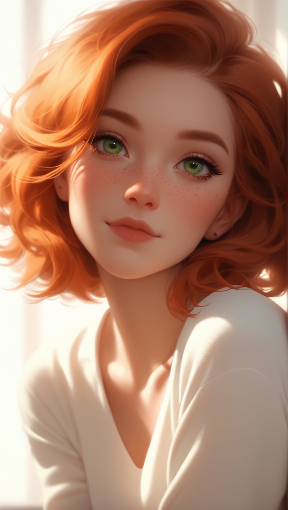 score_9, score_8_up, score_7_up, rating_questionable, girl, freckles, extremely attractive, adorable, cute, extremely pale skin, orange hair, green eyes, light directed at face, 8k, redhead,studio lighting,