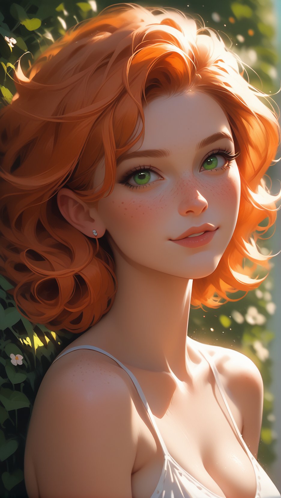 score_9, score_8_up, score_7_up, rating_questionable,Woman, freckles, extremely attractive, adorable, extremely pale skin, orange hair, green eyes, light directed at face, 8k