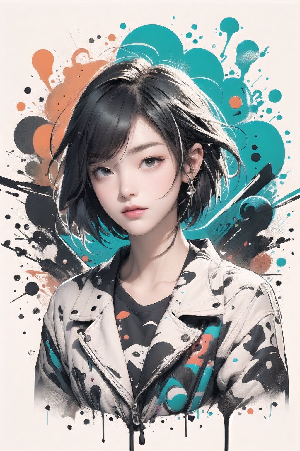 girl, cool expression,design,abstract,graffiti,Grt2c, long bob cut hair, orange theme,Chromaspots