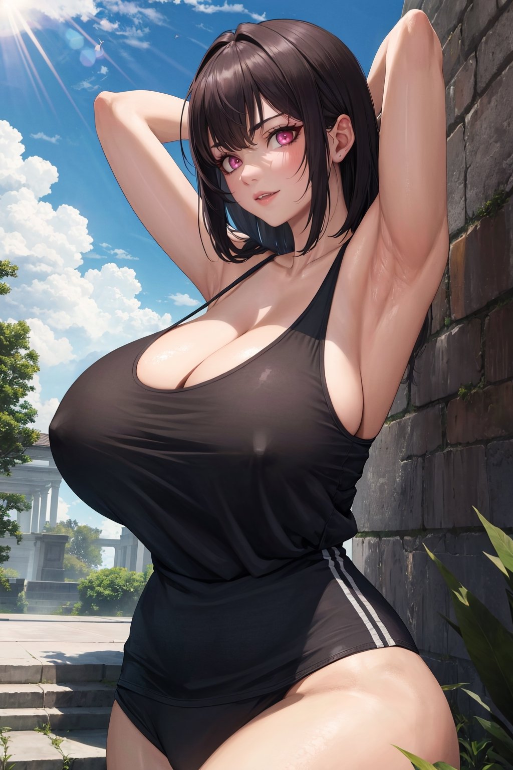 masterpiece, best quality, 1girl, highly detailed, intricate, tanktop, ray sunlight, huge breasts, arms up, outdoors