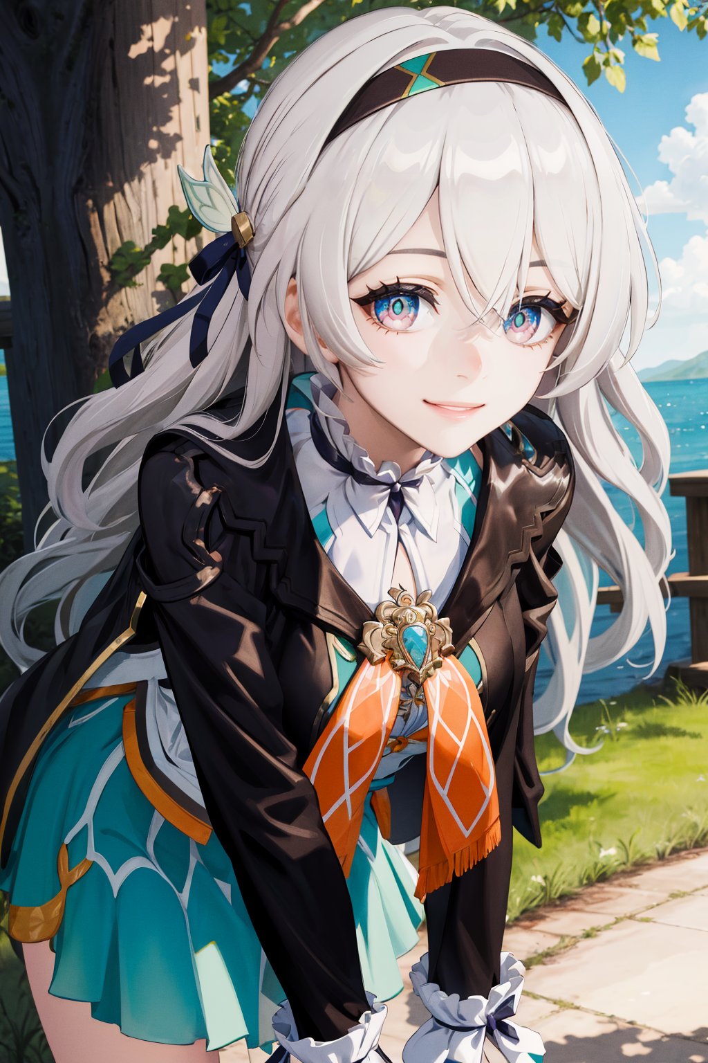 masterpiece, best quality, 1girl, fireflydef, jacket, dress, bow, hairband, hair ornament, leaning forward, smiling, close up, outdoors