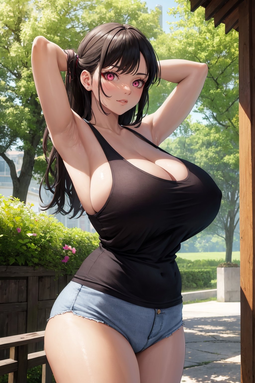 masterpiece, best quality, 1girl, highly detailed, intricate, tanktop, ray sunlight, huge breasts, arms up, outdoors