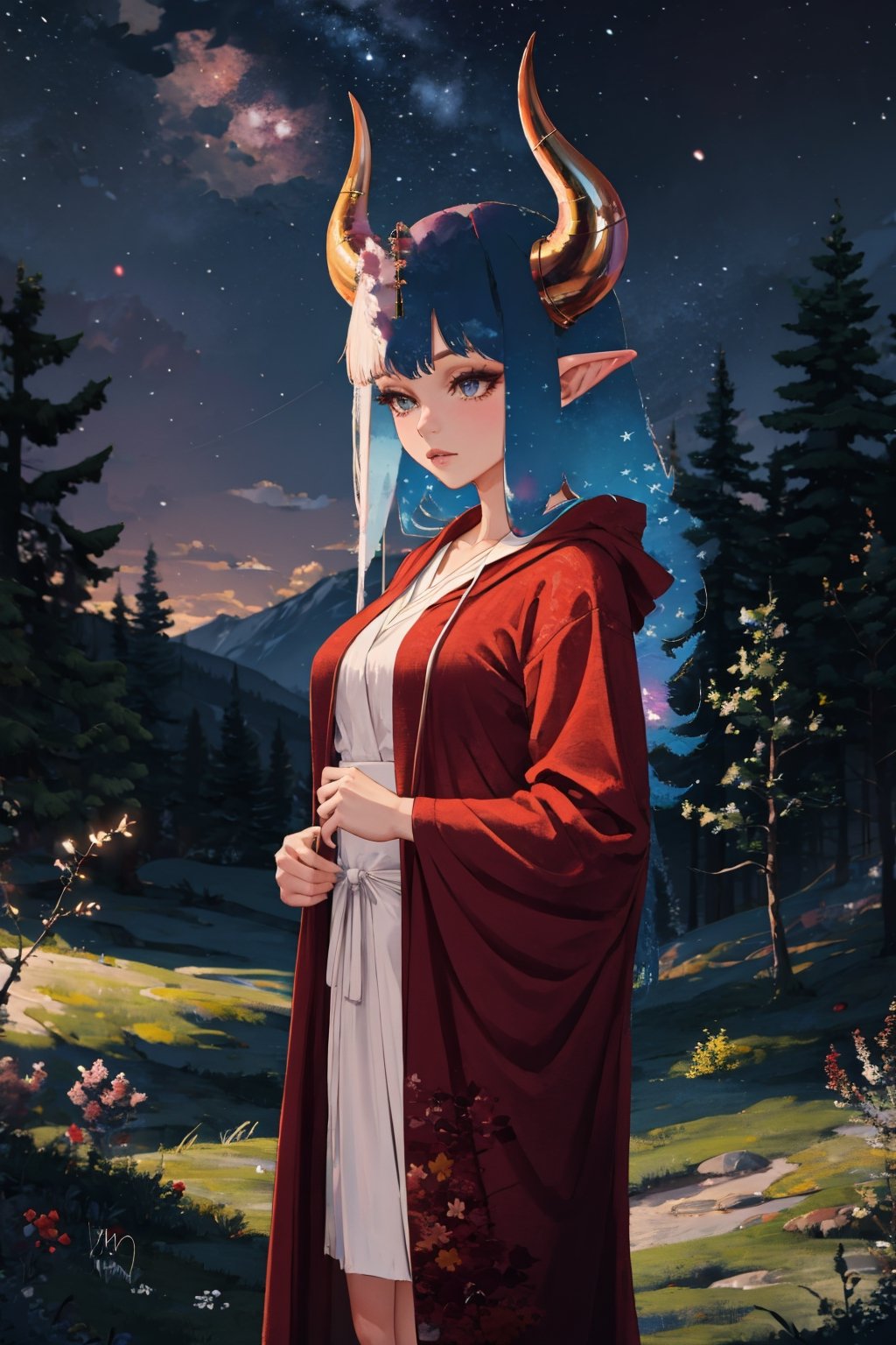 (masterpiece:1.3, best quality:1.4, high quality, highres:1.1), absurdres, 1girl, starry sky, outdoors, forest, long hair, large horns, curved horns, robes