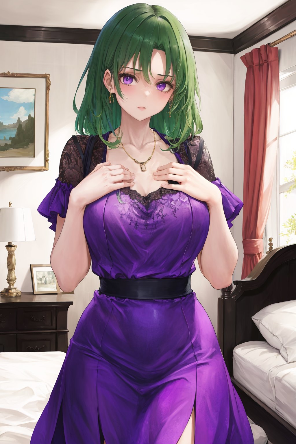 masterpiece, best quality, 1girl, dress, green hair, purple eyes, gold necklace, hands on chest, indoors, bedroom