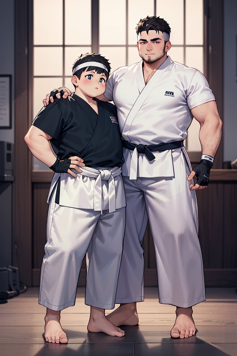 1boy, (chubby:1.2, stocky:1.2), white judo gi, dougi, barefoot, ((long pants)), (bara:1.2), (shota:0.35), buzz_cut, full body shot, ((cool, cute, awesome)), (fingerless gloves, narrow headband), (front_view)