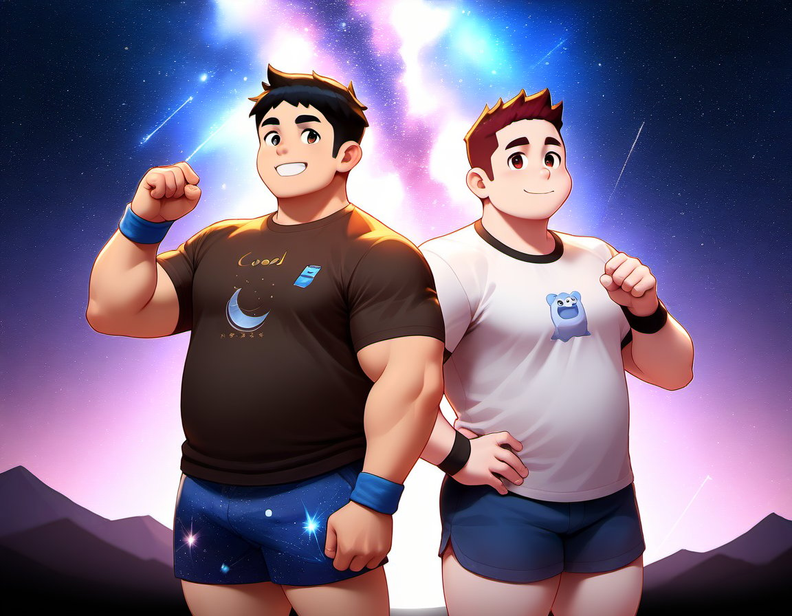 ((2boys, male focus, buddies, laughters)), (bara:1.3), (chubby:1.1), stocky, (round_face), ((t-shirt with patterns, trinket, wristband, short pants)), (night, starry sky, shooting stars), (cool, awesome, crew_cut), (close up), ((flat anime, best quality, best aesthetic, high res)),masterpiece