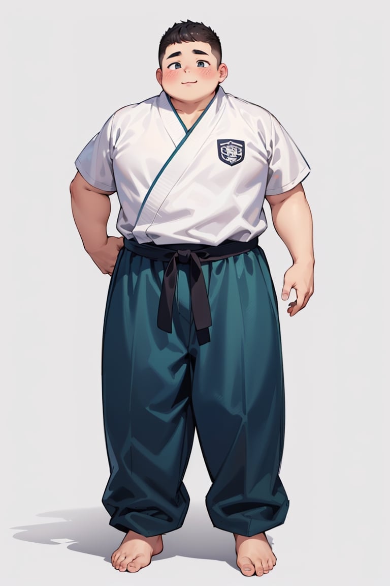 1boy, (chubby:1.2, stocky:1.2), white judo gi, dougi, barefoot, ((long pants)), (bara:1), (shota:0.5), buzz_cut, full body shot, ((cool, cute, awesome))