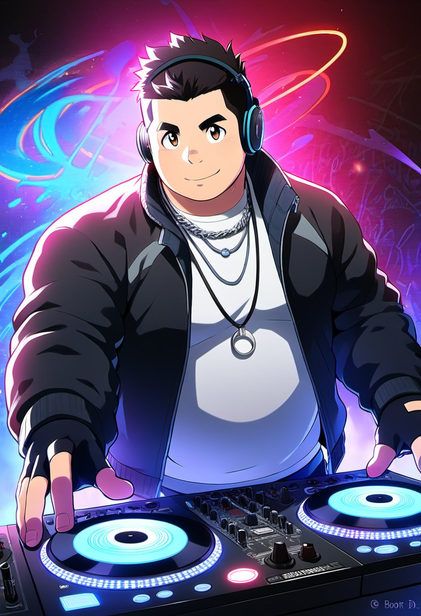 ((1boy, solo, male focus, confident, dj, behind turntable)), (round face), (plump:1.0), (bara:1.0), (stocky), ((jacket)), ((pants)), short hair, crew cut, (cool, awesome), (fingerless gloves ,earphone, silver necklace, trinket), (grafitti background, neon lights, dynamic), ((anime, best quality, masterpiece, best aesthetic, high definition))