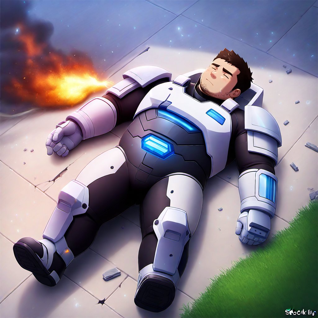 ((1boy, solo, male focus, stubble, beard, futuristic, fantastic, lying on ground, unconscious, fainted, weak, closed eyes, from top)), (bara:1.4), (chubby:1.0), stocky, (round_face), ((broken battle suit, damaged, sabotaged body, smoke, broken armor, gauntlet)), (energy power, detailed background), (cool, awesome, very short hair, (full body)), ((flat anime, best quality, best aesthetic, high res)),masterpiece