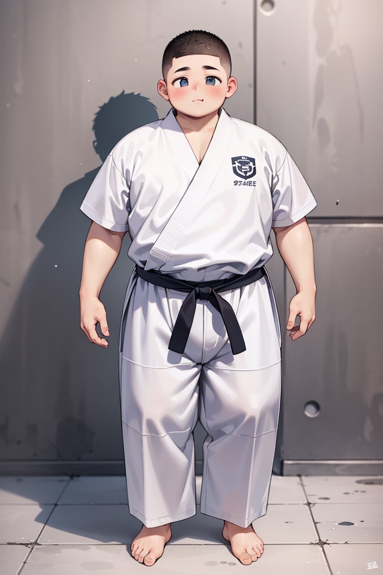 1boy, (chubby:1.2, stocky:1.2), white judo gi, dougi, barefoot, ((long pants)), (bara:1), (shota:0.5), buzz_cut, full body shot, ((cool, cute, awesome))