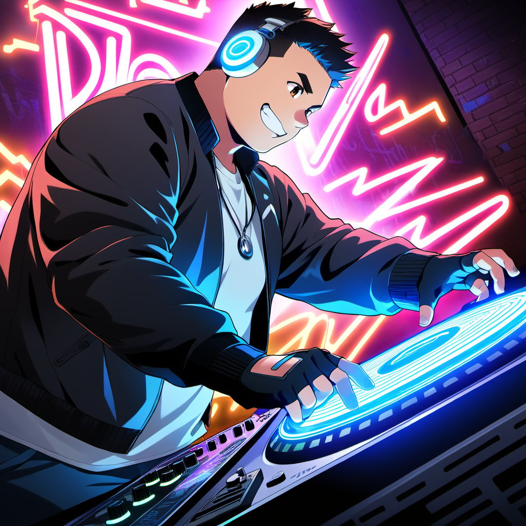 ((1boy, solo, male focus, grin, dj, behind turntable, from 45 deg side)), (round face), (plump:1.0), (bara:1.0), (stocky), ((jacket)), ((pants)), short hair, crew cut, (cool, awesome), (fingerless gloves, glowing earphone, silver necklace, trinket), (grafitti background, neon lights, FFT columns, dynamic), ((anime, best quality, masterpiece, best aesthetic, high definition))