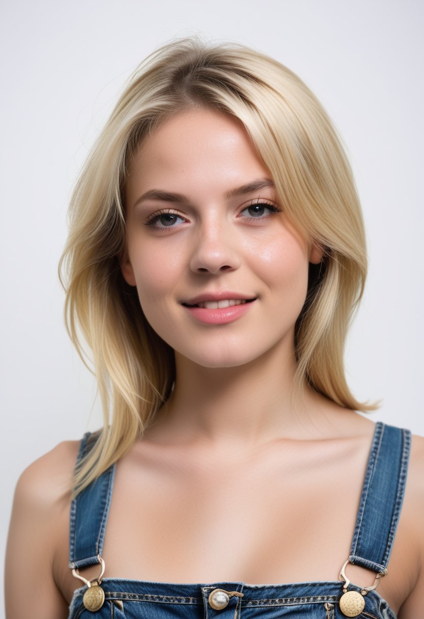 young woman with short, blonde hair and a scattering of freckles across her cheeks sits in front of a pure white background, her bare shoulders and upper body visible. Her eyes are cast slightly downward, while her lips curl into a subtle smile. A pair of overalls hangs loosely from her waist, adding a touch of playfulness to the otherwise minimalist composition. Soft, natural light illuminates her features, accentuating the texture of her skin. Photographer Richard Avedon, 1girl, dynamic pose 