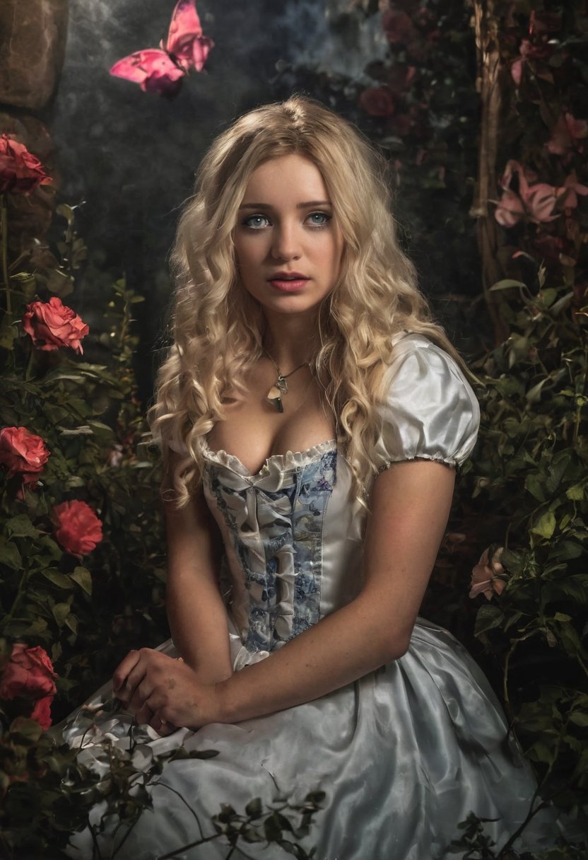 Enigmatic and beautiful woman in an Alice in Wonderland setting, crying obsidian black tears, deep emotional expression, surreal and whimsical atmosphere, Victorian dress, gothic elegance, ethereal glow, fantastical surroundings, hyperrealistic, dramatic chiaroscuro lighting, whimsical elements like oversized flowers and curious creatures, magical and dreamlike quality.,1girl