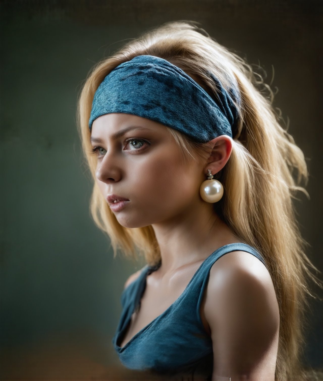 1girl, solo, looking at viewer, profile, upper body, single large pearl earring, intense eyes, parted lips, headband, traditional media, realistic, bandana, painting \(medium\) looking anxious 