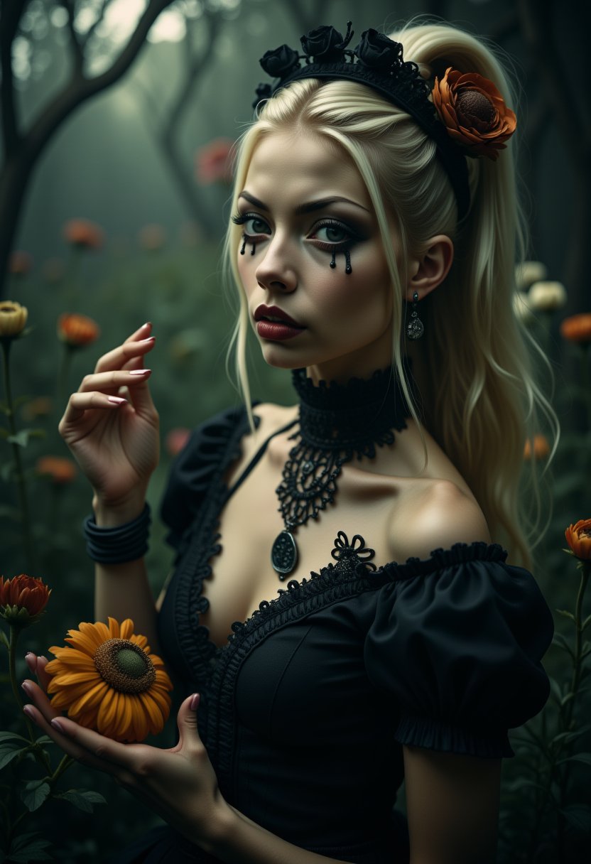 Enigmatic and beautiful woman in an Alice in Wonderland setting, crying obsidian black tears, deep emotional expression, surreal and whimsical atmosphere, Victorian dress, gothic elegance, ethereal glow, fantastical surroundings, hyperrealistic, dramatic chiaroscuro lighting, whimsical elements like oversized flowers and curious creatures, magical and dreamlike quality.,1girl,photographic images of a blonde woman