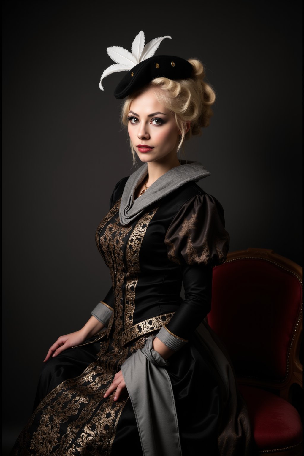 A photograph of a blonde woman performing cosplay as Anne of Austria, a portrait of a woman dressed in a black dress adorned with gold embroidery. The woman's head is adorned with a black cap, adorned with white feathers and a white ribbon. Her hair is styled in a bun, adding a touch of warmth to the scene. Her dress is adorned in a intricate pattern of black, white, and gold, while her left hand is draped in a silver scarf. The backdrop is a dark gray, and a chair with a red velvet seat is positioned to the right of the woman.