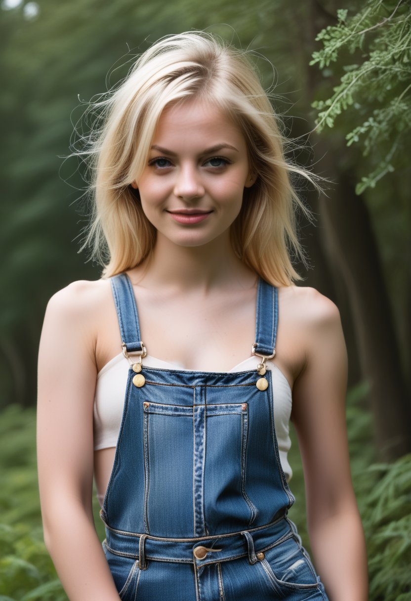 young woman with short, blonde hair and a scattering of freckles across her cheeks sits in front of a pure white background, her bare shoulders and upper body visible. Her eyes are cast slightly downward, while her lips curl into a subtle smile. A pair of overalls hangs loosely from her waist, adding a touch of playfulness to the otherwise minimalist composition. Soft, natural light illuminates her features, accentuating the texture of her skin. Photographer Richard Avedon, 1girl, dynamic pose 