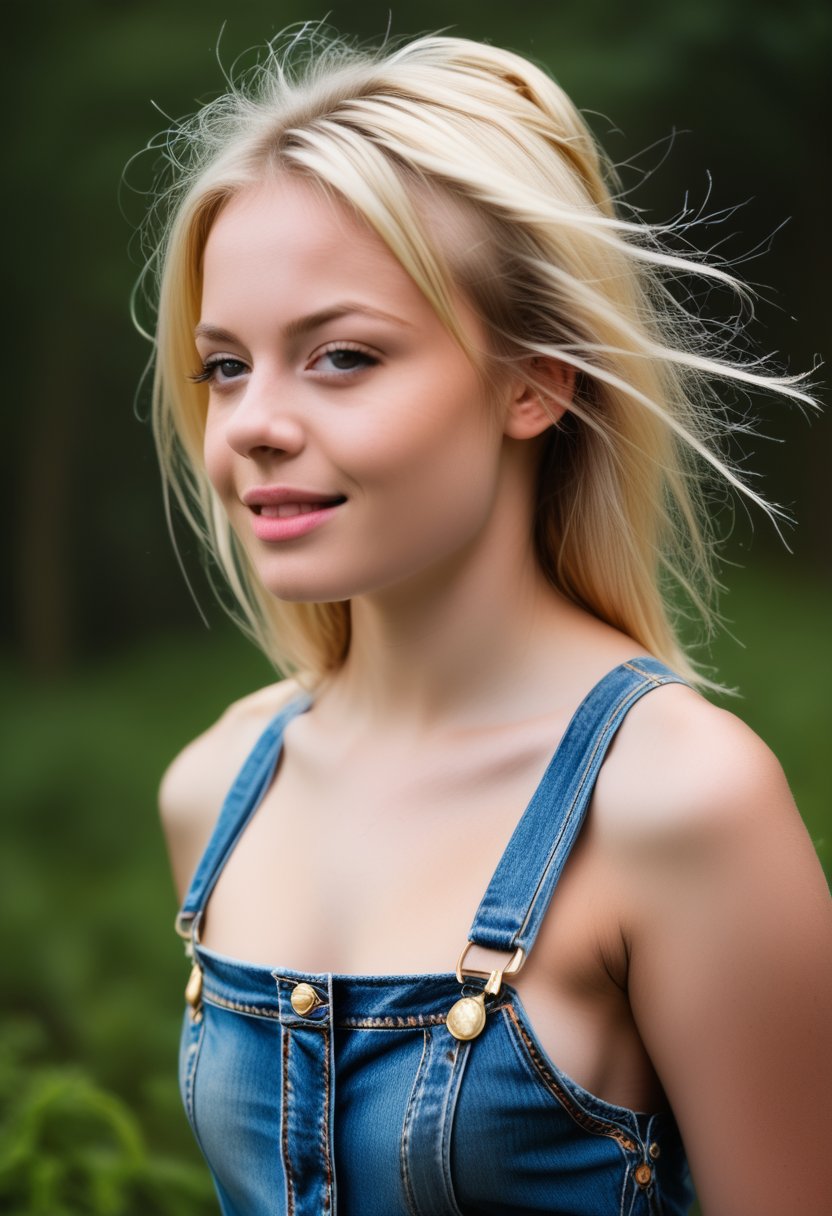 young woman with short, blonde hair and a scattering of freckles across her cheeks sits in front of a pure white background, her bare shoulders and upper body visible. Her eyes are cast slightly downward, while her lips curl into a subtle smile. A pair of overalls hangs loosely from her waist, adding a touch of playfulness to the otherwise minimalist composition. Soft, natural light illuminates her features, accentuating the texture of her skin. Photographer Richard Avedon, 1girl, dynamic pose 