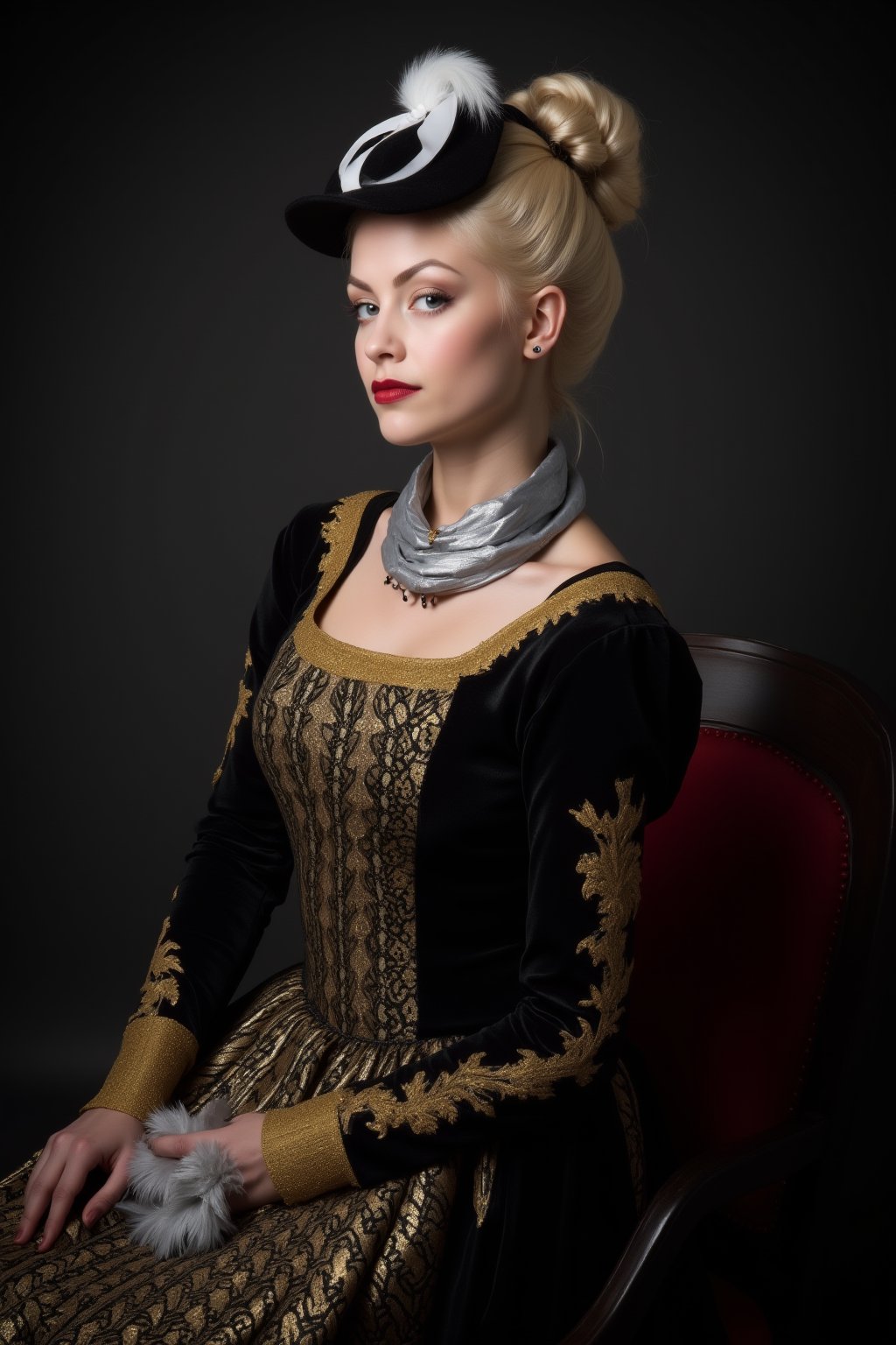 A blonde woman performing cosplay as Anne of Austria, a portrait of a woman dressed in a black dress adorned with gold embroidery. The woman's head is adorned with a black cap, adorned with white feathers and a white ribbon. Her hair is styled in a bun, adding a touch of warmth to the scene. Her dress is adorned in a intricate pattern of black, white, and gold, while her left hand is draped in a silver scarf. The backdrop is a dark gray, and a chair with a red velvet seat is positioned to the right of the woman.