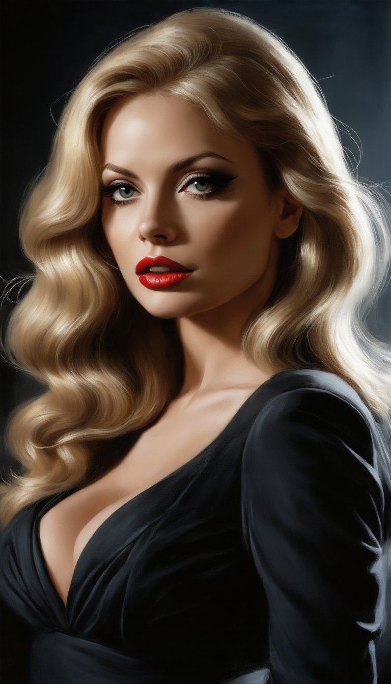 (A beguilingly elegant femme fatale, reminiscent of old Hollywood glamour, exudes the allure of "Casablanca" in every pose. Her cascading locks, styled in vintage waves, frame a face graced with smoky eyes and scarlet lips, embodying timeless beauty. The background, a smoky jazz club, sets the scene for intrigue and romance. This hyper-realistic painting captivates with its exquisite attention to detail, evoking the golden age of cinema with stunning clarity and depth), Detailed Textures, high quality, high resolution, high Accuracy, realism, color correction, Proper lighting settings, harmonious composition, Behance works,sheila