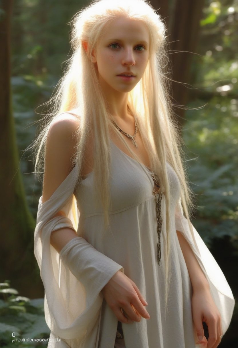 dnd elf girl, pale skin, long straight platinum blonde hair, brown eyes, freckles, no bangs, gossamer dress with bell sleeves. determined look at viewer