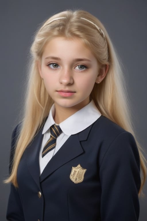 young woman in school uniform, golden hair with platinum highlights, natural ears, gossamer dress, 