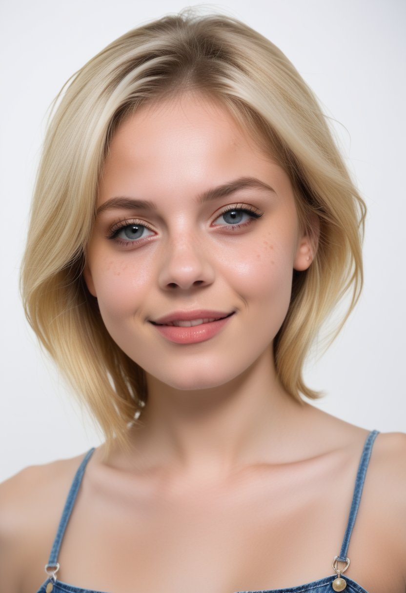 young woman with short, blonde hair and a scattering of freckles across her cheeks sits in front of a pure white background, her bare shoulders and upper body visible. Her eyes are cast slightly downward, while her lips curl into a subtle smile. A pair of overalls hangs loosely from her waist, adding a touch of playfulness to the otherwise minimalist composition. Soft, natural light illuminates her features, accentuating the texture of her skin. Photographer Richard Avedon, 1girl