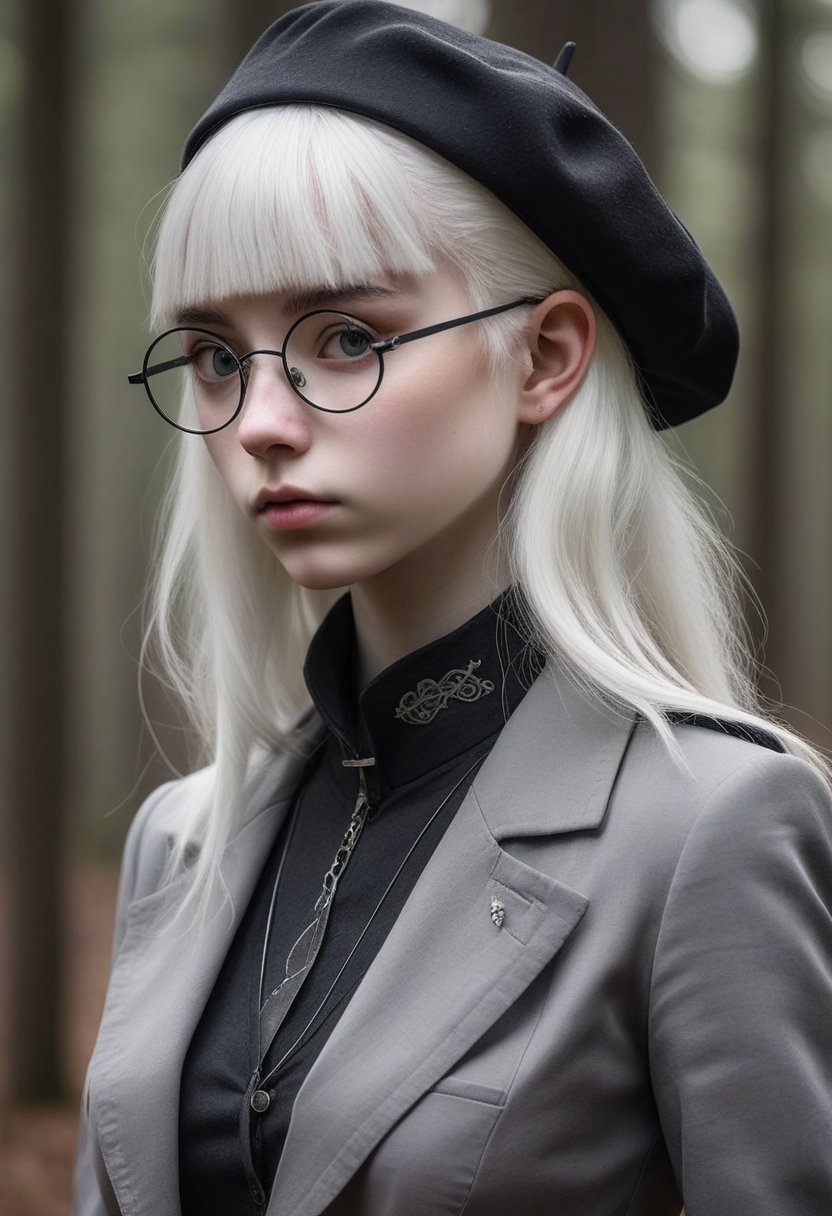 A stern-faced (elf girl:1.3), 16yo, stands formally, her pale skin a canvas for the wispy freckles that dance across her features. Her platinum blonde hair falls in straight, silky strands down her back, framing her sharp jawline and piercing grey eyes, which narrow into a scowl. A sleek black military school jacket with high collar and chin strap is cinched at her waist, showing cleavage, complemented by a black beret perched atop her head. Circle glasses with thin frames perch on the end of her nose, lending an air of intelligent intensity to her countenance. Her bangs are trimmed close to her eyebrows, adding to her overall sense of formality and discipline. The fantasy setting is marked by subtle hints of mysticism in the misty background, where ancient trees and mysterious orbs seem to whisper secrets to the wind.