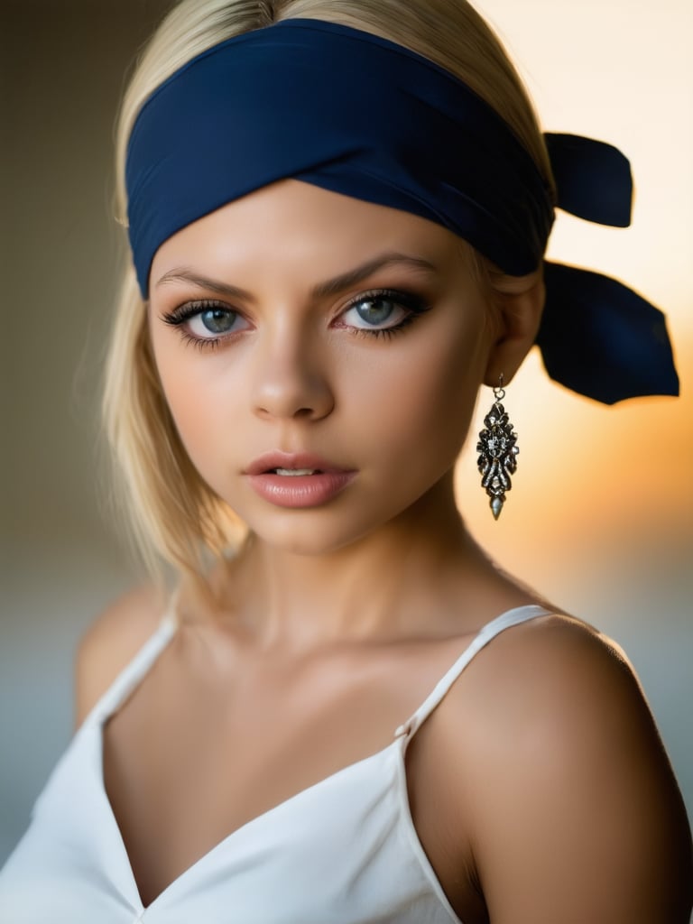 1girl, solo, looking at viewer, jewelry, upper body, earrings, black eyes, lips, headband, traditional media, realistic, bandana, painting \(medium\)